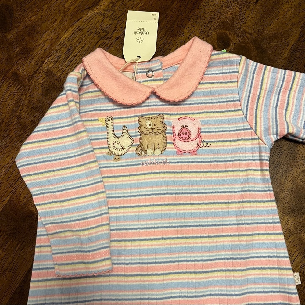 OshKosh Baby NWT Girl Striped Embroidered Peter Pan Collar Scallop Onesie